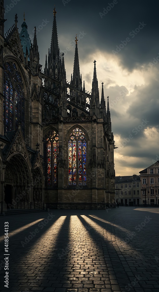 Fototapeta premium A dramatic shot of a gothic cathedral, with intricate stained glass windows and towering spires, under a moody sky