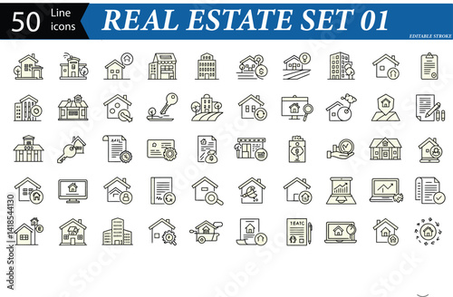 50 Editable Line Icons for Real Estate, Property Management, and Housing Themes – Vector Illustration