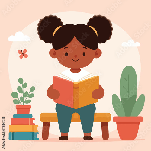 vector image of a child reading a book diligently
