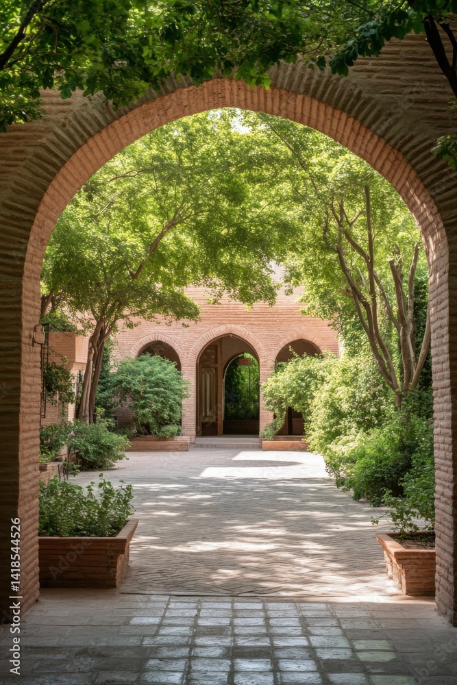 Fototapeta premium Lush courtyard framed by architectural arches in a serene garden setting during midday, showcasing nature mingling with historical design