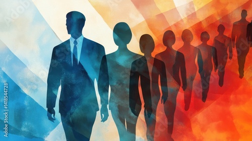 This abstract image represents business leadership with colorful silhouettes of people walking together. It symbolizes teamwork, growth, and the journey towards success.