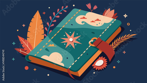 A vintage travel diary adorned with intricate handstitched embroidery showcasing the adventures of a wanderlustfilled soul.. Vector illustration