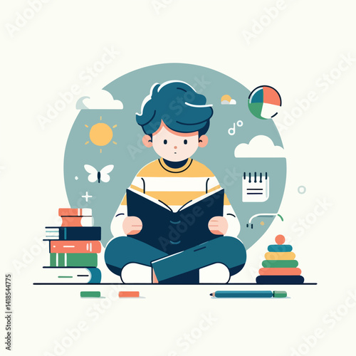 vector image of a child reading a book diligently