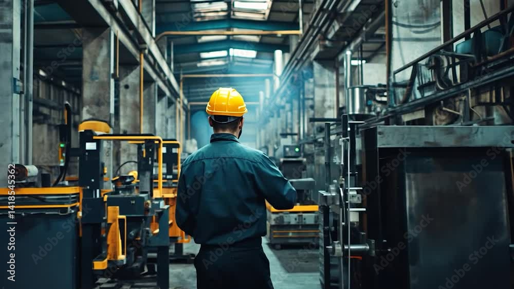 Worker in safety gear oversees machinery operation in a factory Worker in safety gear oversees machinery operation in a factory