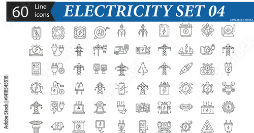 60 Editable Line Icons for Electricity, Energy, and Power Equipment – Vector Illustration
