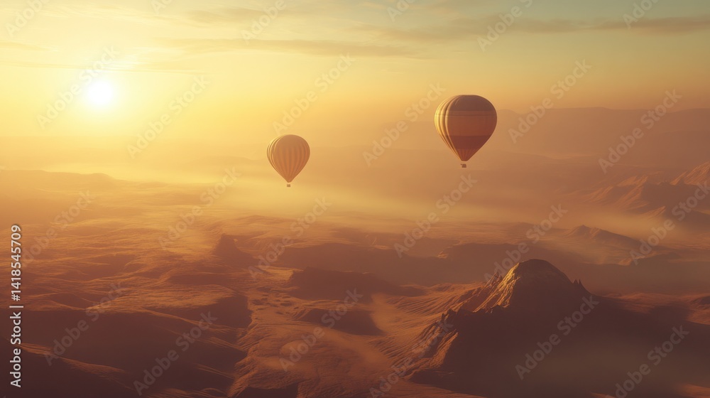 Fototapeta premium Hot Air Balloons Floating Above Majestic Mountain Landscape at Sunset