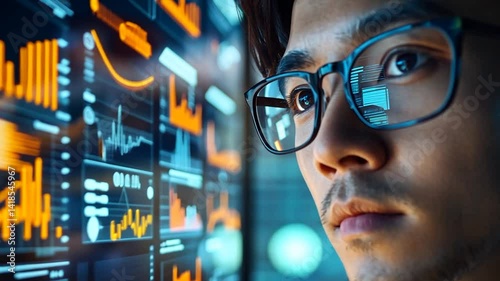 Young professional analyzing data trends on a digital screen in a modern office