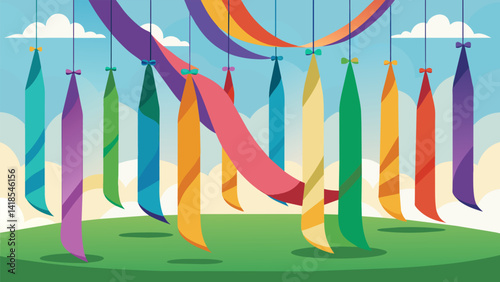 A suspended garden of colorful ribbons each with a prompt for visitors to write about their hopes and dreams for the future.. Vector illustration