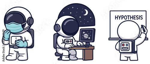 Cartoon astronauts studying hypothesis and wearing masks set in scientific environment. Flat vector illustration