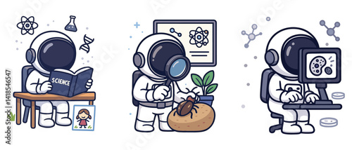 Cartoon astronauts doing environmental science research set with plant growth and observation tools. Flat vector illustration
