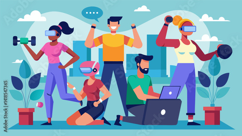 A team of remote workers using virtual reality to compete in fitness challenges and stay motivated together.. Vector illustration