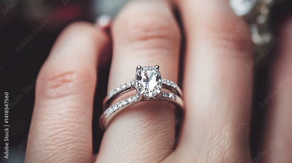 Obraz premium Closeup of Woman's Hand with Elegant Diamond Engagement Ring