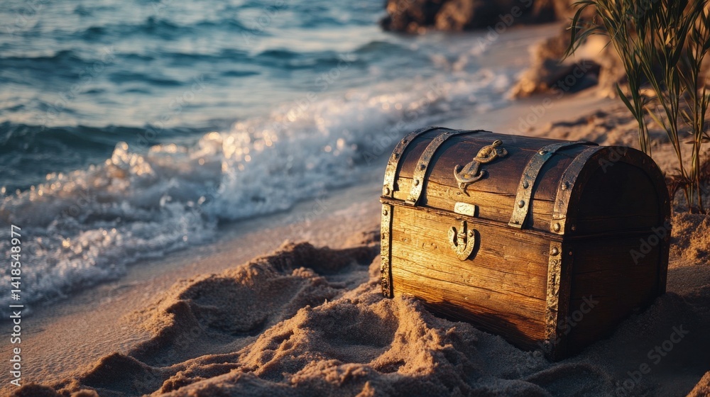 Fototapeta premium A wooden treasure chest rests on the sand near ocean water