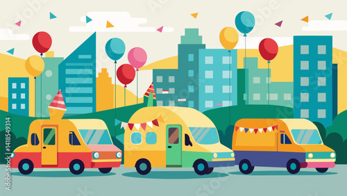 A fleet of retro vehicles decorated with vibrant streamers and balloons making its way through the downtown area to commemorate a special event.. Vector illustration