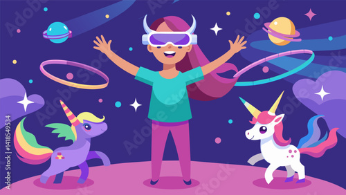 A young girl gleefully tosses hoop after hoop onto the horns of virtual unicorns trying to beat her high score in a magical VR carnival game.. Vector illustration