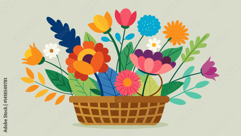 A display of vibrant flowers handtied and arranged in a rustic basket by a local flower farmer.. Vector illustration