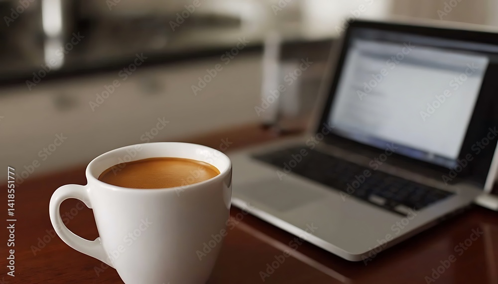 Espresso Coffee and Laptop on Wooden Desk Espresso Coffee and Laptop on Wooden Desk