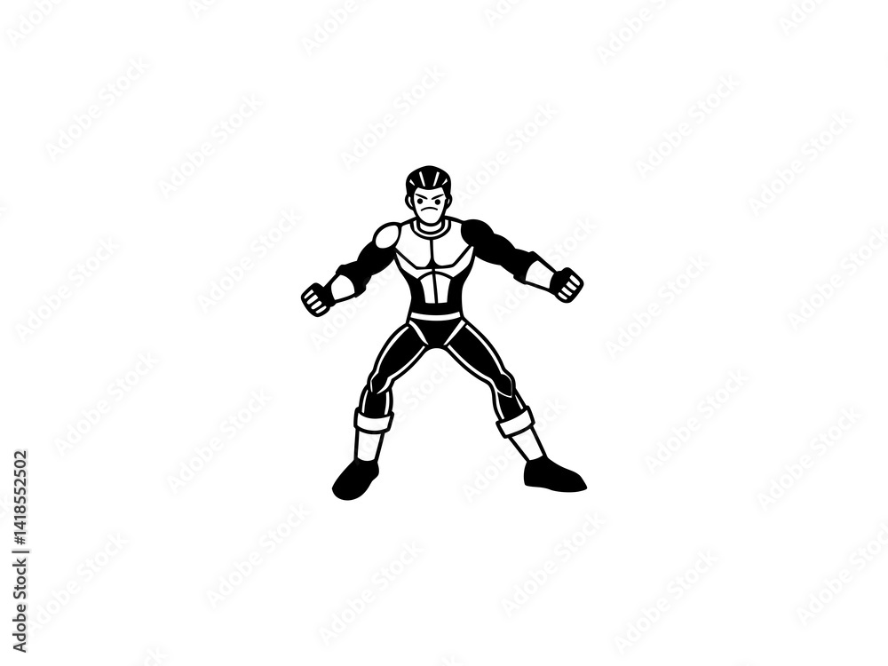 A bold, black and white illustration of a cartoon superhero. A bold, black and white illustration of a cartoon superhero.