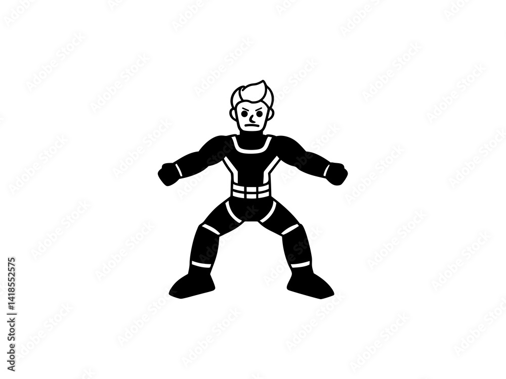 A bold, black and white illustration of a cartoon superhero.