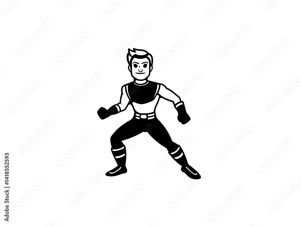 A bold, black and white illustration of a cartoon superhero.