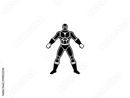 A bold, black and white illustration of a cartoon superhero. 