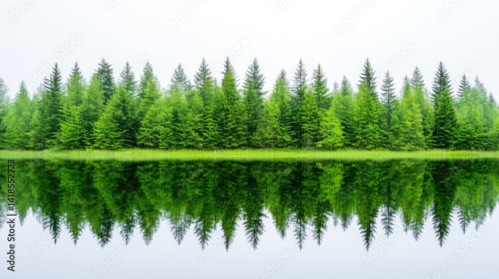 Obraz premium Serene forest reflected in a calm lake. Lush green trees line a tranquil body of water, creating a mirrored effect