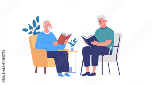 Two elderly men reading together in cozy living room illustration warm atmosphere engaging scene