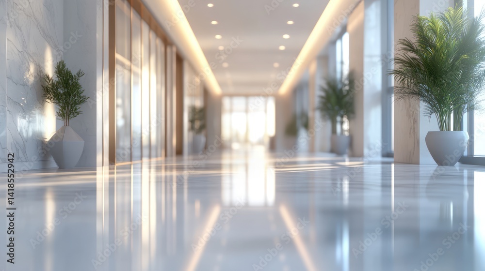 custom made wallpaper toronto digitalModern lobby hallway sunlit interior design, plants, reflective floor, city view