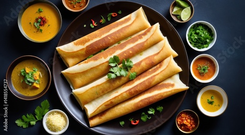 Wallpaper Mural Crispy dosas served with vibrant sambar and chutneys on a dark slate background, garnished with fresh cilantro Torontodigital.ca