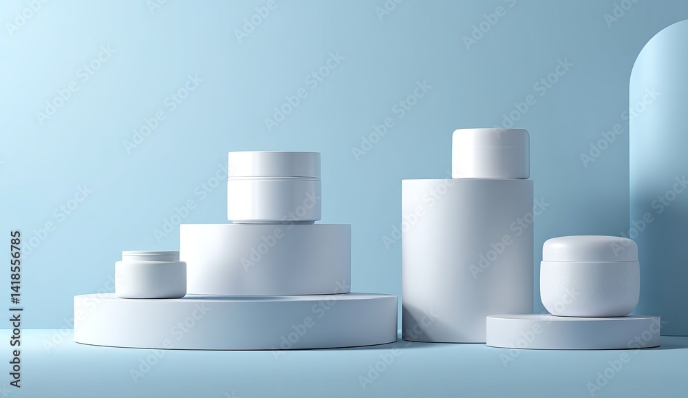 Cylindrical Containers on Pedestals: A Minimalist Product Display with White Jars and Light Blue Background Cylindrical Containers on Pedestals: A Minimalist Product Display with White Jars and Light Blue Background