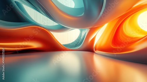 Fototapeta Naklejka Na Ścianę i Meble -  Abstract orange blue interior design rendering, futuristic space, sunlit, background wall, 3d model