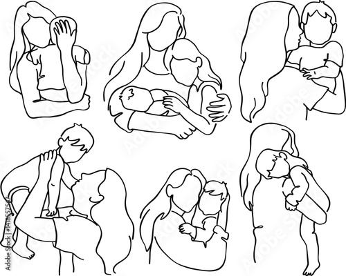 Collection of mother and child in line art. Set of continuous line vector illustrations. Mother's Day concept.