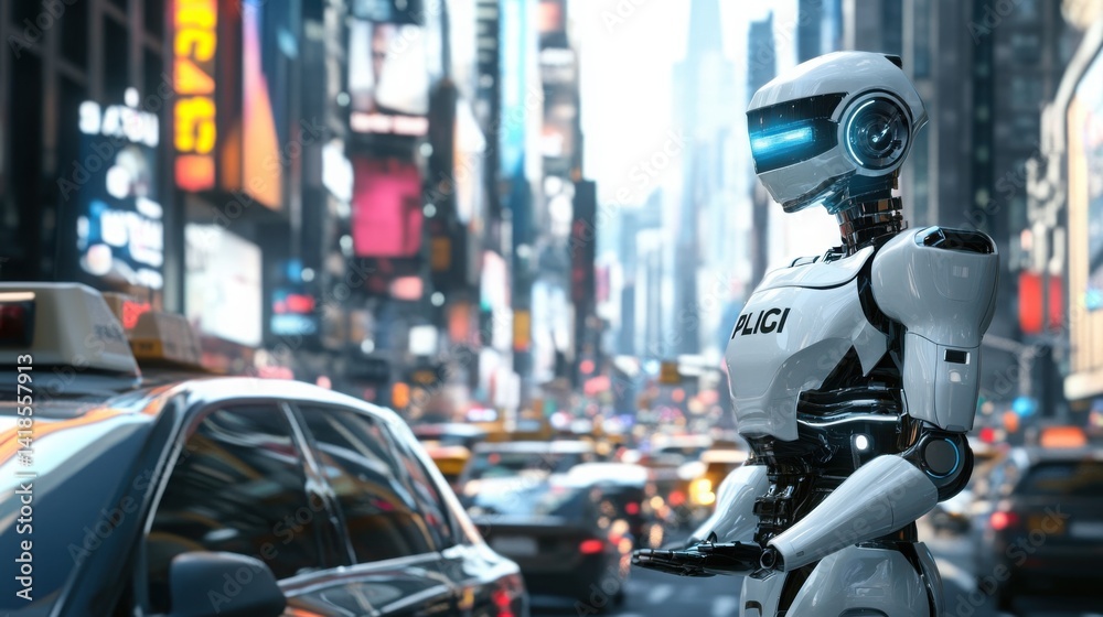 Fototapeta premium A robot police officer directing traffic during rush hour in a bustling urban setting