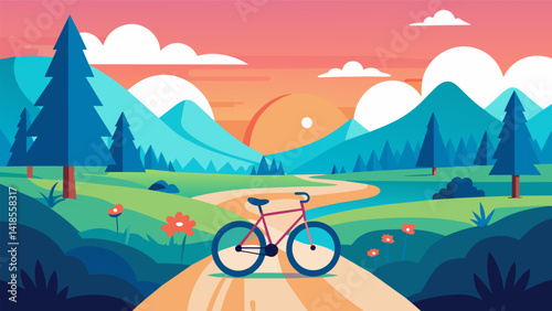 A virtual bike ride through a scenic countryside offering a chance to disconnect and enjoy the beauty of nature in a calm environment.. Vector illustration