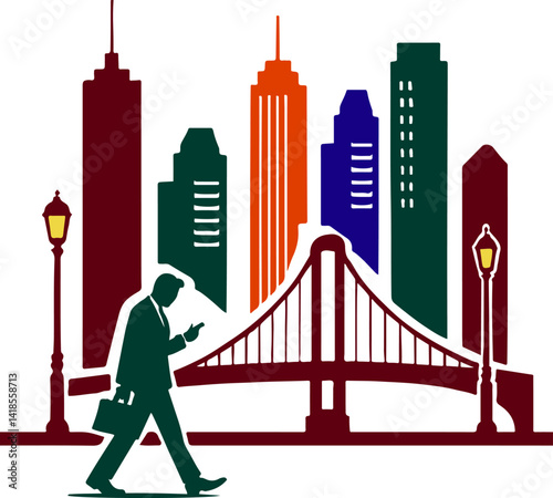 Urban life concept showing businessman crossing a city bridge in a vivid skyline scene.



