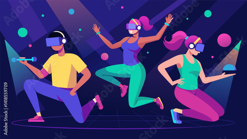 In a VR studio filled with colored lights sound pulsing through their headsets users squat twist and kick to the energetic rhythms of a virtual dance. Vector illustration
