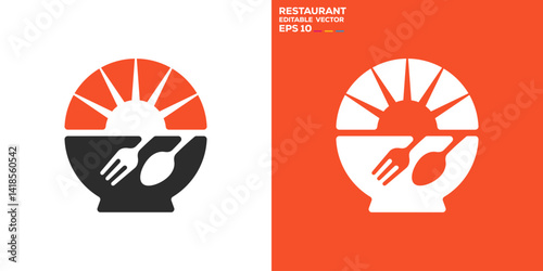 Restaurant logo. Cutlery, sun, breakfast. Vector icon symbol design template EPS 10.