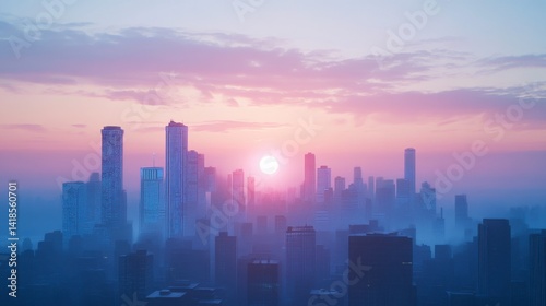 Stunning Sunrise Over City Skyline with Fog and Soft Colors