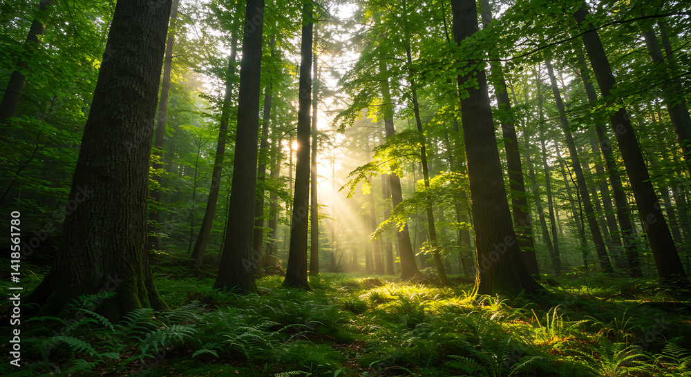 Fototapeta premium Sunlight through dense green forest trees nature scenery woodland, generative ai