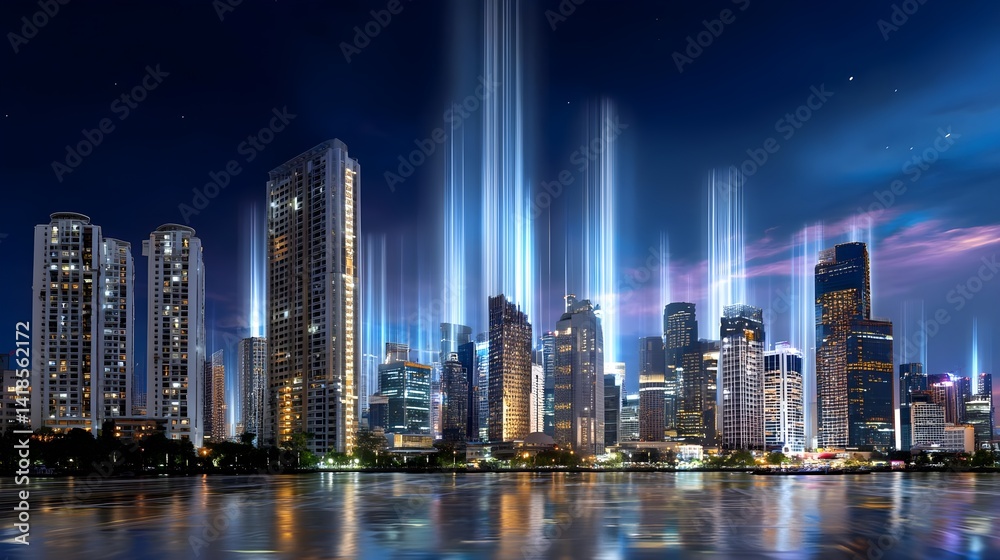 Fototapeta premium Futuristic Cityscape at Night, Digital Art - Futuristic Cityscapes