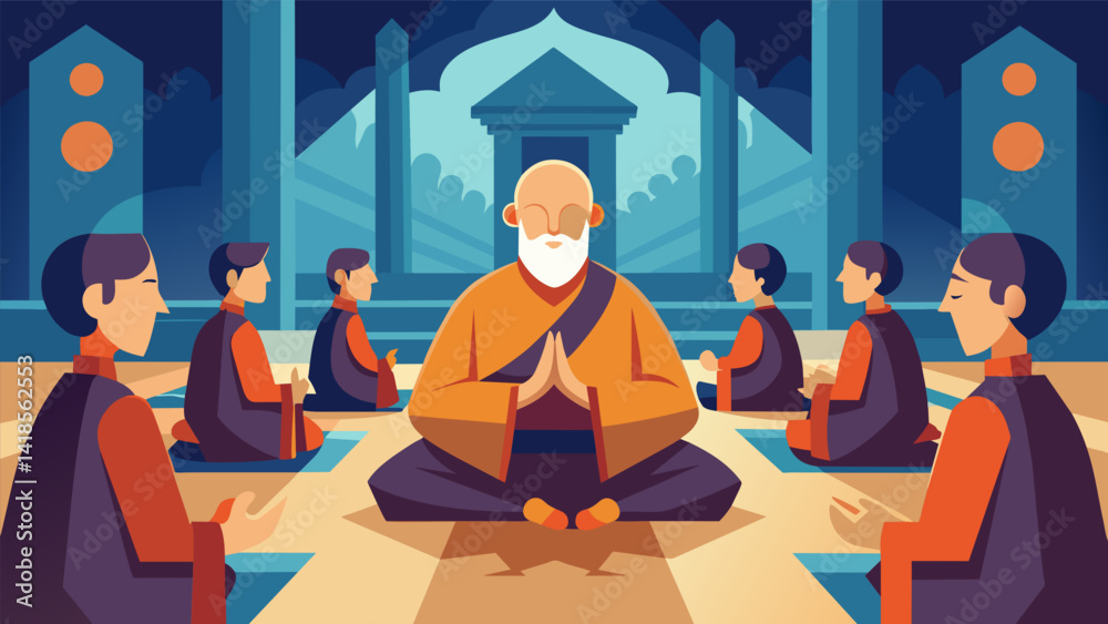 Obraz premium A stoic monk leading a prayer session inside the meditation hall of the religious site encouraging pilgrims to clear their minds and open their. Vector illustration
