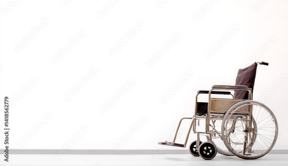 Fototapeta premium Empty Wheelchair Stands Against White Wall: Accessibility, Disability, and Independence. Mobility and Support for Individuals.