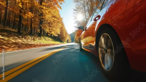 Autumn Road Trip: A vibrant red car speeds down an asphalt road lined with golden autumn foliage, sunlight piercing through the trees and illuminating the scene.