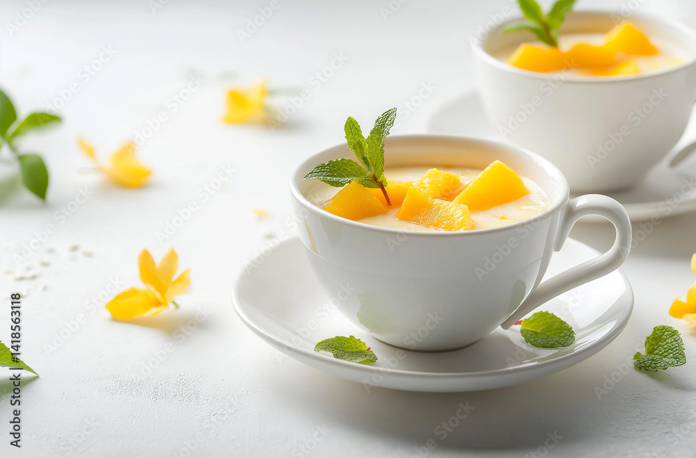 Two cups of dessert filled with cream and mango chunks, garnished with mint leaves and petals, placed on a white table, emitting a fresh and enticing aroma. Two cups of dessert filled with cream and mango chunks, garnished with mint leaves and petals, placed on a white table, emitting a fresh and enticing aroma.