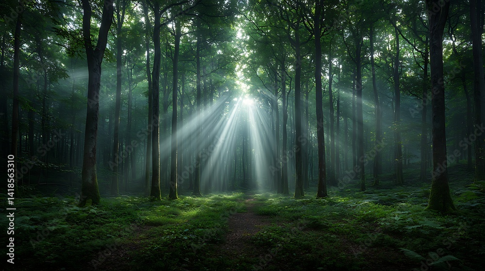 Obraz premium Sunbeams through dense, lush forest. A path leads through towering trees