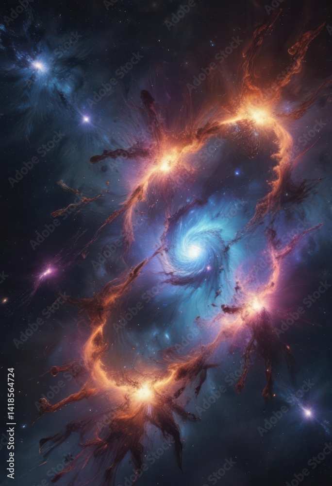 Fototapeta premium Abstract swirling nebulae, star clusters, cosmic dust, night sky, cosmic dust