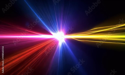 A vibrant rainbow laser beam radiating from the center of an all-black background, with rays spreading out in every direction, creating a dynamic and colorful effect. The light beams should be bright 