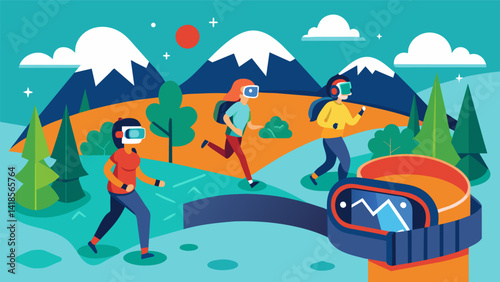 In a virtual reality hiking simulation the users vitals are monitored and displayed on their wristband as they traverse through different landscapes.. Vector illustration