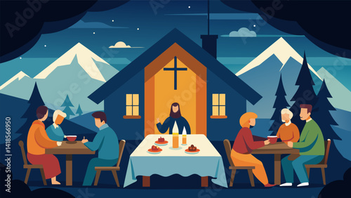 In a cozy mountain lodge church members gather for an intimate candlelit dinner each taking turns sharing their personal prayer intentions for the. Vector illustration
