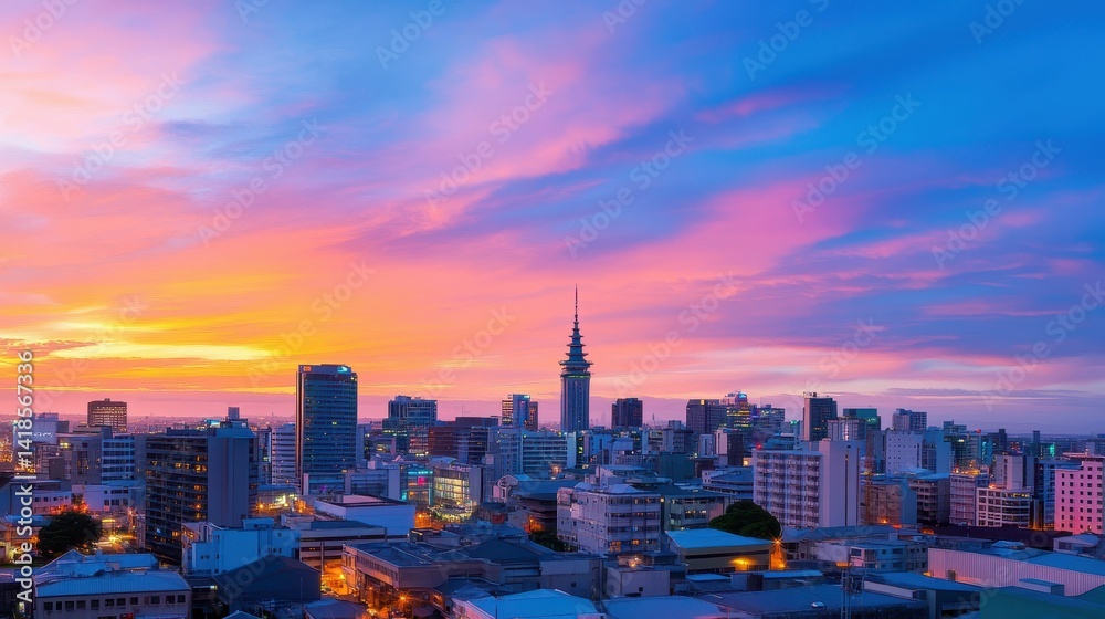 Obraz premium City skyline sunset; colorful sky, buildings illuminated.